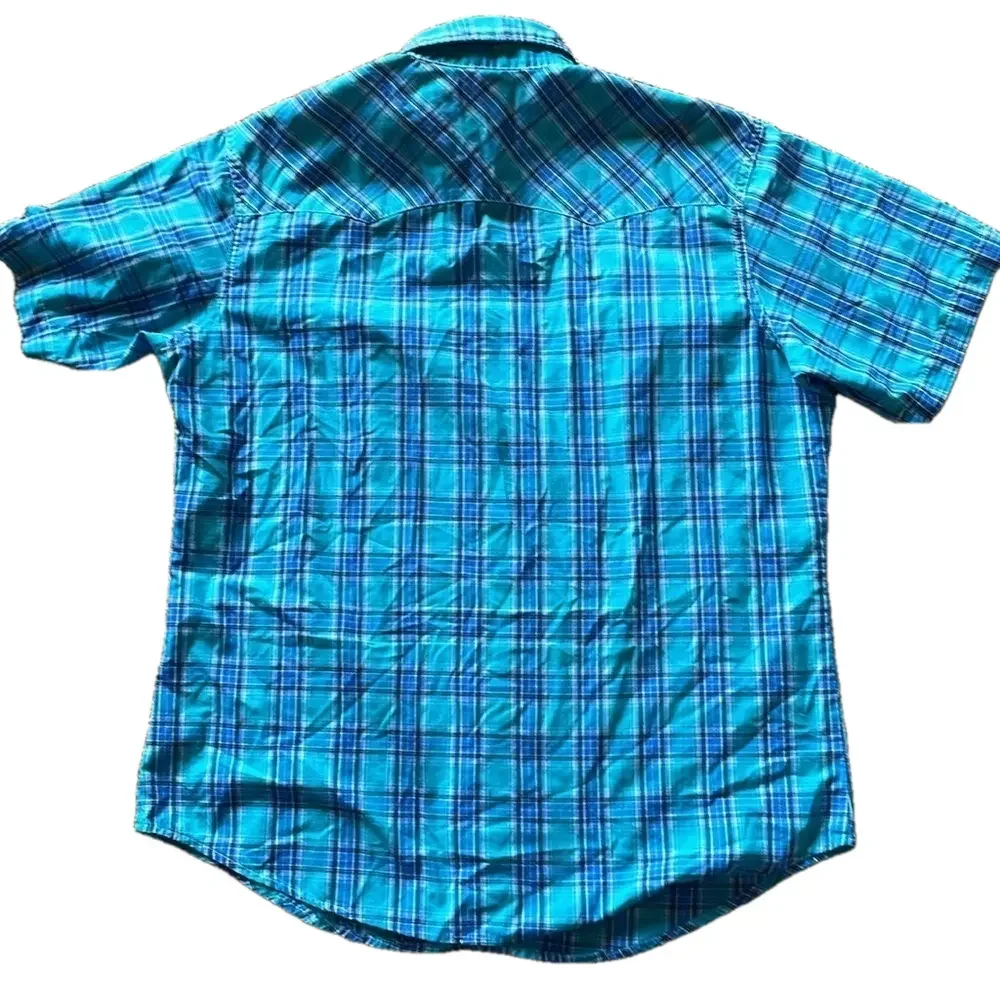 Wrangler Western Vintage Mens Large Aqua and Blue Plaid Short Sleeve Shirt
